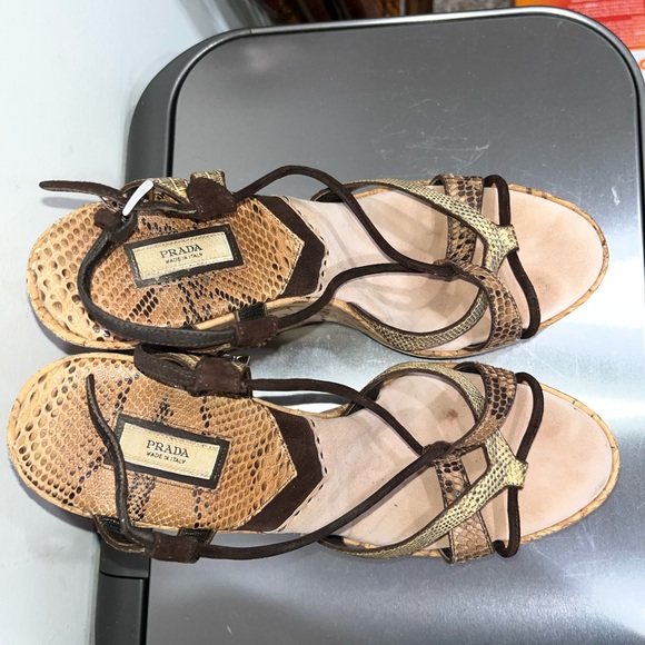 Auth Prada strappy snakeskin python suede cork wedges - Picture 3 of 6